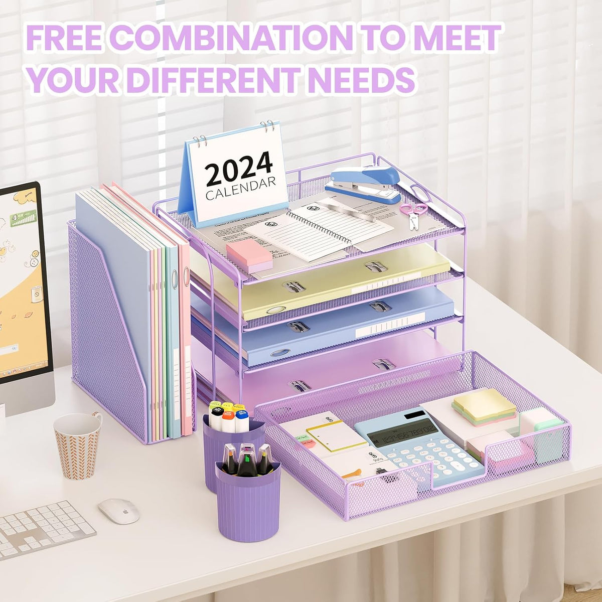 Desk Organizers and Accessories, 4-Tier Desktop File Organizer with Drawer and Pen Holders, Office Desk Accessories Workspace Organizers for Office Supplies (Gold)