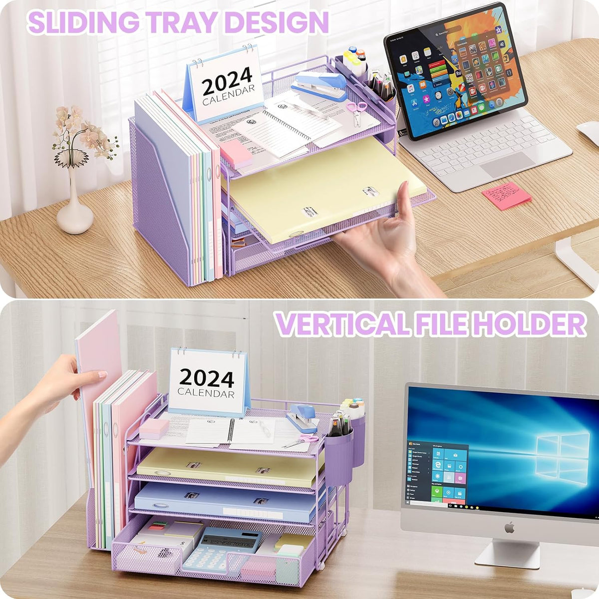 Desk Organizers and Accessories, 4-Tier Desktop File Organizer with Drawer and Pen Holders, Office Desk Accessories Workspace Organizers for Office Supplies (Gold)