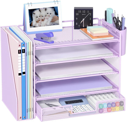 Desk Organizers and Accessories, 4-Tier Desktop File Organizer with Drawer and Pen Holders, Office Desk Accessories Workspace Organizers for Office Supplies (Gold)