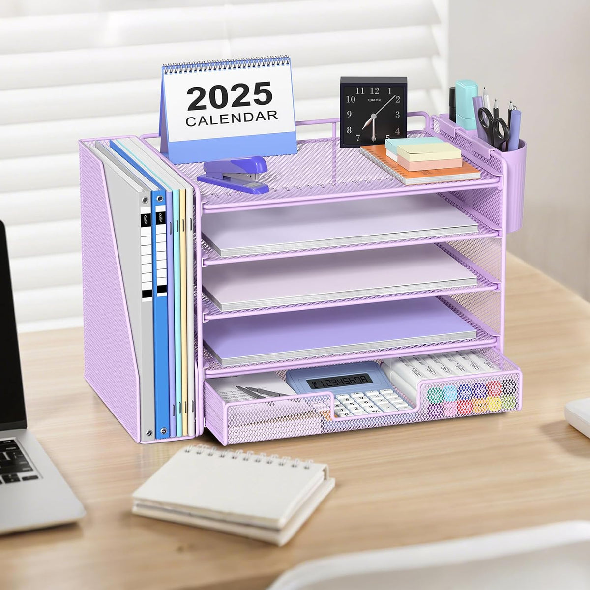 Desk Organizers and Accessories, 4-Tier Desktop File Organizer with Drawer and Pen Holders, Office Desk Accessories Workspace Organizers for Office Supplies (Gold)
