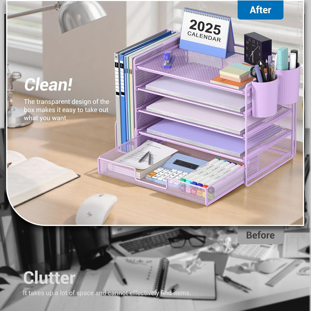 Desk Organizers and Accessories, 4-Tier Desktop File Organizer with Drawer and Pen Holders, Office Desk Accessories Workspace Organizers for Office Supplies (Gold)