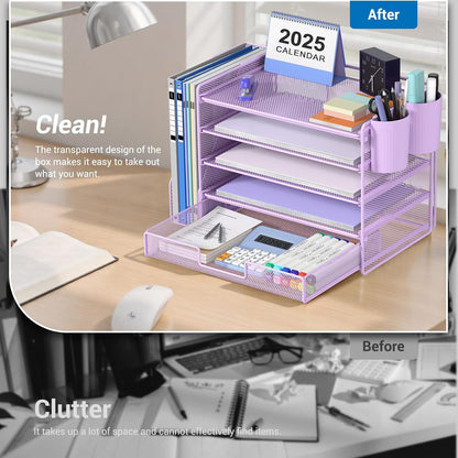 Desk Organizers and Accessories, 4-Tier Desktop File Organizer with Drawer and Pen Holders, Office Desk Accessories Workspace Organizers for Office Supplies (Gold)