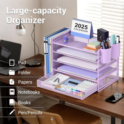 Desk Organizers and Accessories, 4-Tier Desktop File Organizer with Drawer and Pen Holders, Office Desk Accessories Workspace Organizers for Office Supplies (Gold)