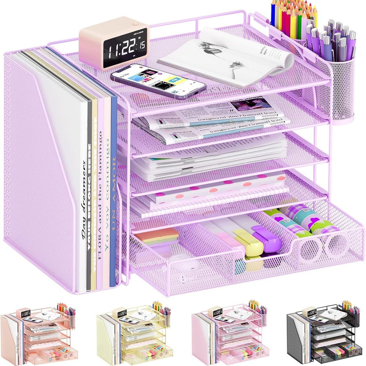 Desk Organizers and Accessories, 4-Tier Desktop File Organizer with Drawer and Pen Holders, Office Desk Accessories Workspace Organizers for Office Supplies (Gold)