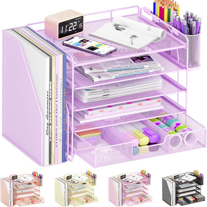 Desk Organizers and Accessories, 4-Tier Desktop File Organizer with Drawer and Pen Holders, Office Desk Accessories Workspace Organizers for Office Supplies (Gold)