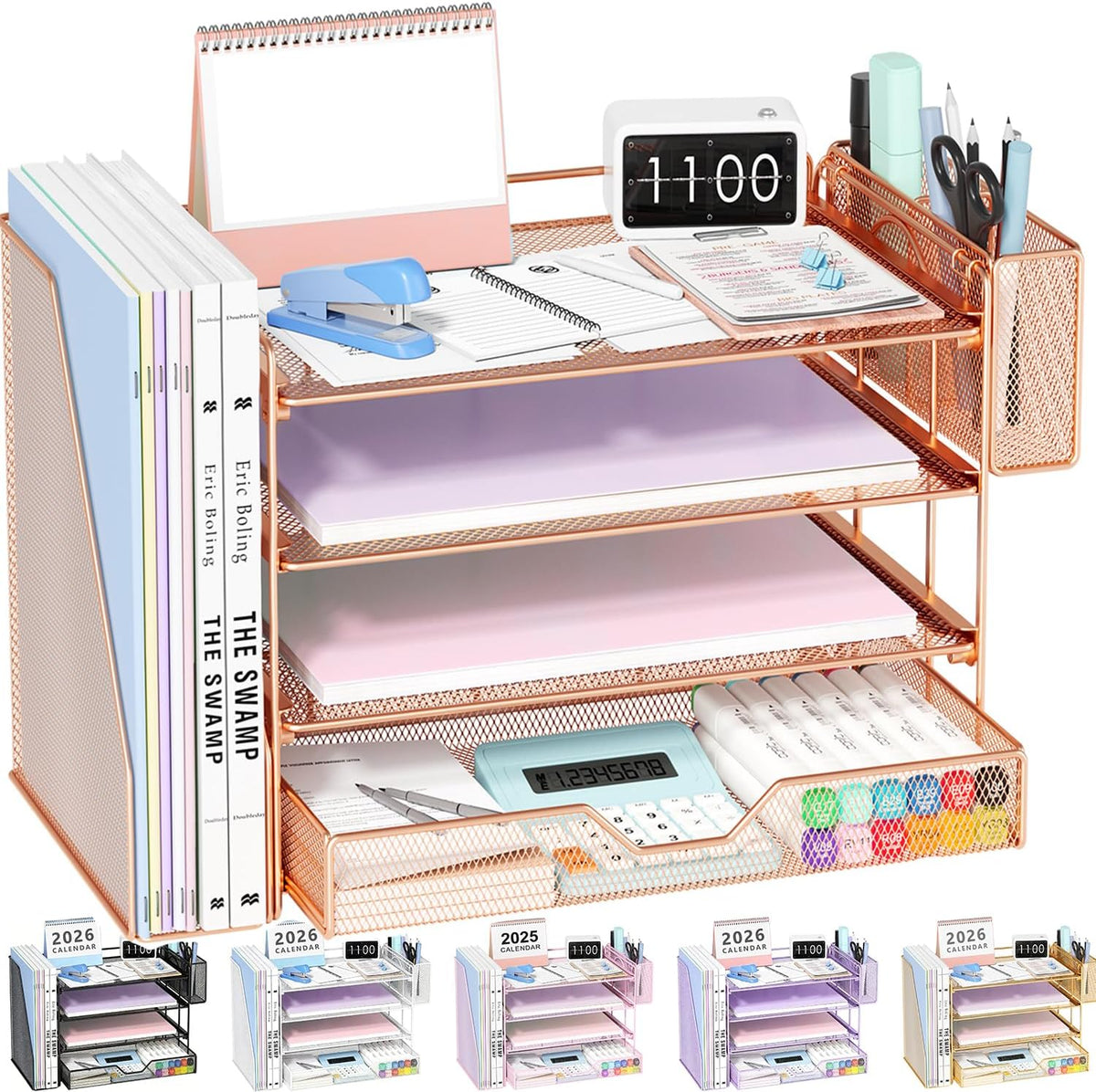 Desk Organizers and Accessories, 4-Tier Desktop File Organizer with Drawer and Pen Holders, Office Desk Accessories Workspace Organizers for Office Supplies (Gold)