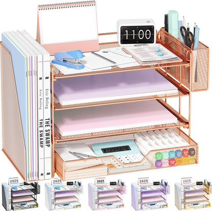 Desk Organizers and Accessories, 4-Tier Desktop File Organizer with Drawer and Pen Holders, Office Desk Accessories Workspace Organizers for Office Supplies (Gold)