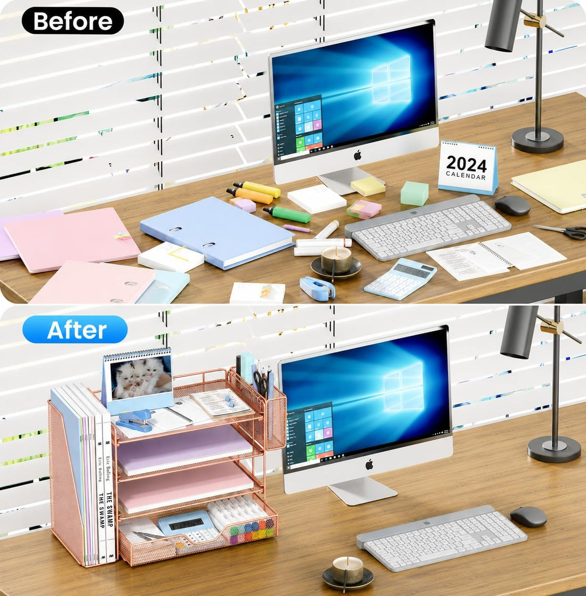 Desk Organizers and Accessories, 4-Tier Desktop File Organizer with Drawer and Pen Holders, Office Desk Accessories Workspace Organizers for Office Supplies (Gold)