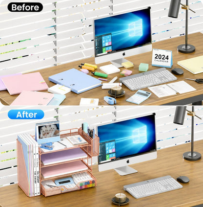 Desk Organizers and Accessories, 4-Tier Desktop File Organizer with Drawer and Pen Holders, Office Desk Accessories Workspace Organizers for Office Supplies (Gold)