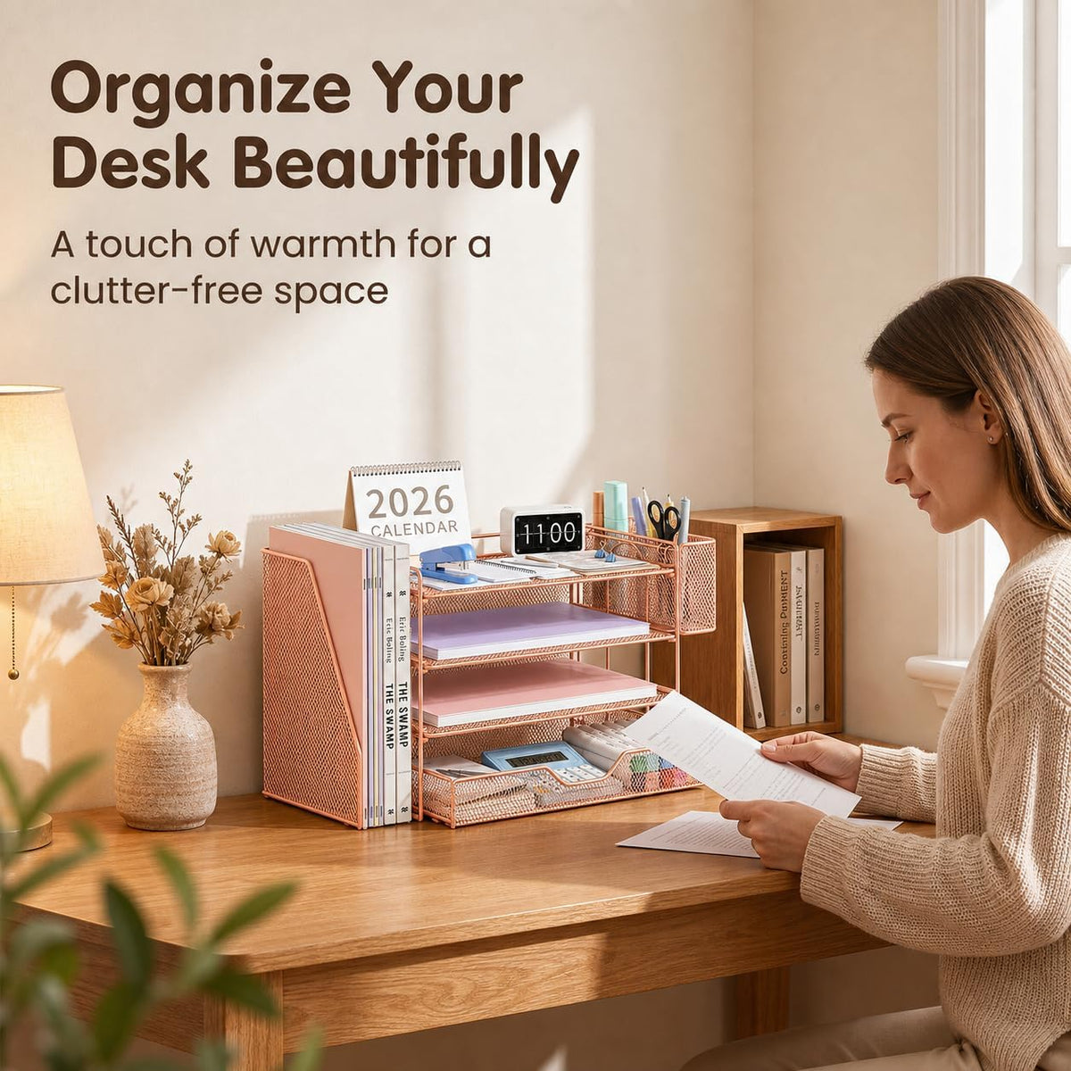 Desk Organizers and Accessories, 4-Tier Desktop File Organizer with Drawer and Pen Holders, Office Desk Accessories Workspace Organizers for Office Supplies (Gold)