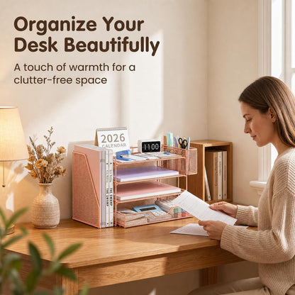 Desk Organizers and Accessories, 4-Tier Desktop File Organizer with Drawer and Pen Holders, Office Desk Accessories Workspace Organizers for Office Supplies (Gold)