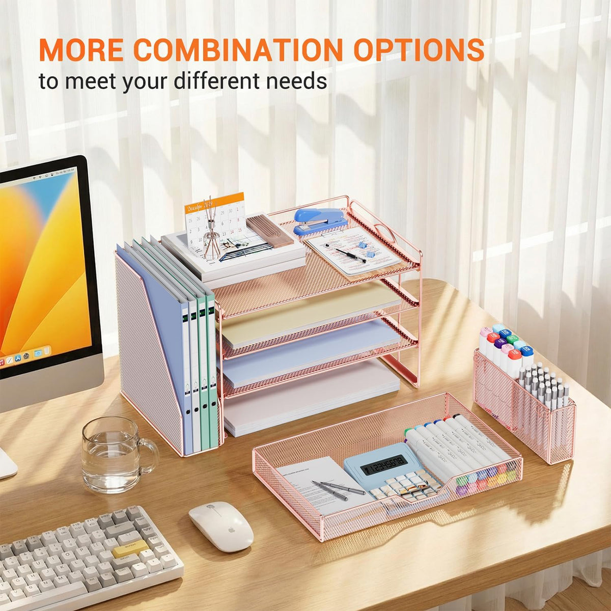 Desk Organizers and Accessories, 4-Tier Desktop File Organizer with Drawer and Pen Holders, Office Desk Accessories Workspace Organizers for Office Supplies (Gold)