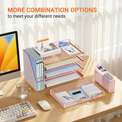 Desk Organizers and Accessories, 4-Tier Desktop File Organizer with Drawer and Pen Holders, Office Desk Accessories Workspace Organizers for Office Supplies (Gold)