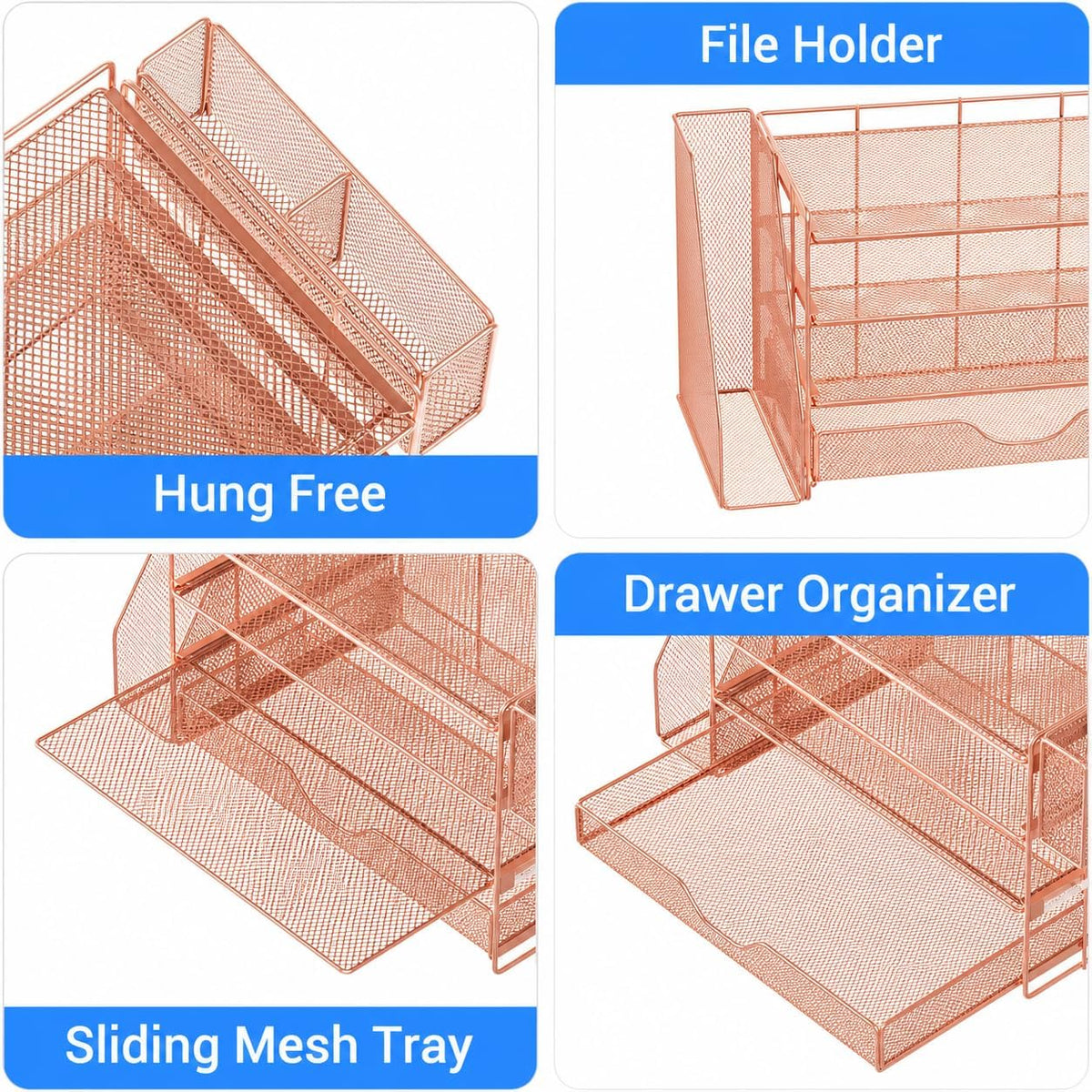 Desk Organizers and Accessories, 4-Tier Desktop File Organizer with Drawer and Pen Holders, Office Desk Accessories Workspace Organizers for Office Supplies (Gold)