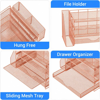 Desk Organizers and Accessories, 4-Tier Desktop File Organizer with Drawer and Pen Holders, Office Desk Accessories Workspace Organizers for Office Supplies (Gold)