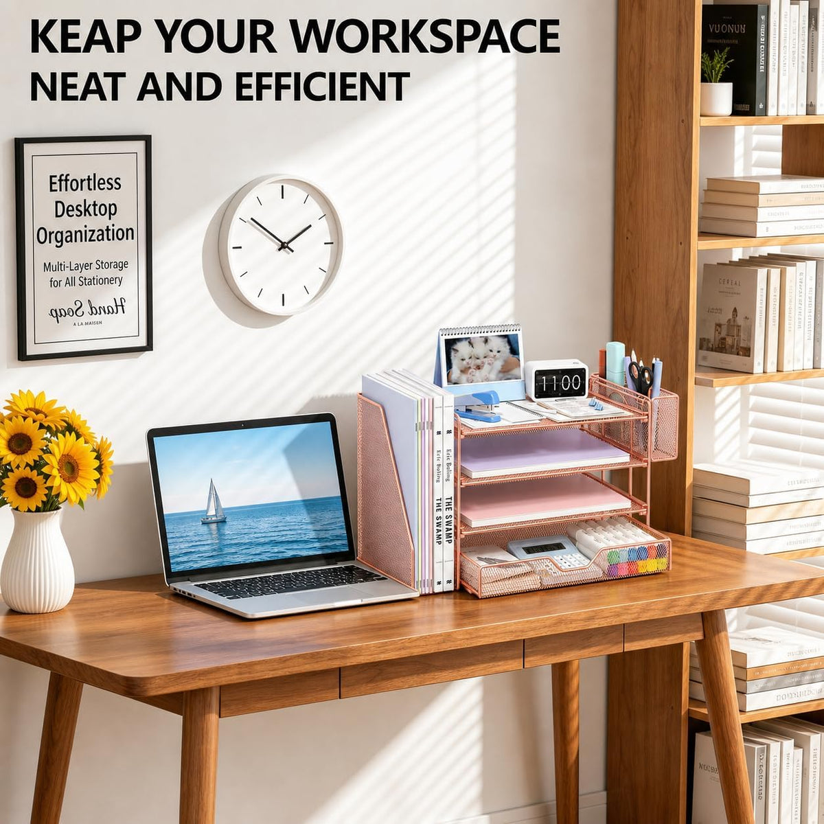 Desk Organizers and Accessories, 4-Tier Desktop File Organizer with Drawer and Pen Holders, Office Desk Accessories Workspace Organizers for Office Supplies (Gold)