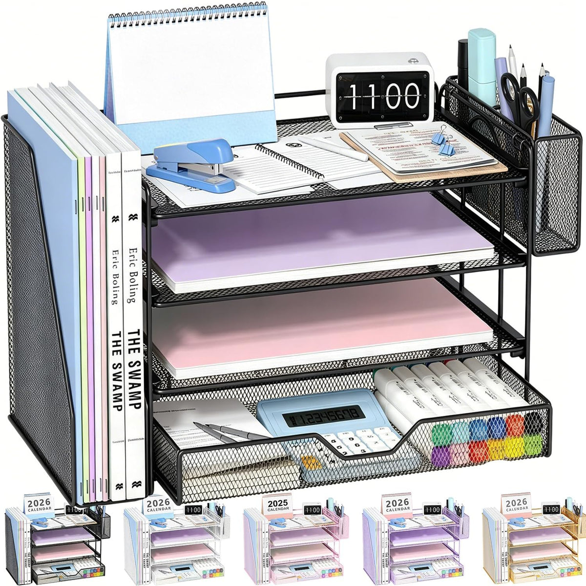 Desk Organizers and Accessories, 4-Tier Desktop File Organizer with Drawer and Pen Holders, Office Desk Accessories Workspace Organizers for Office Supplies (Gold)