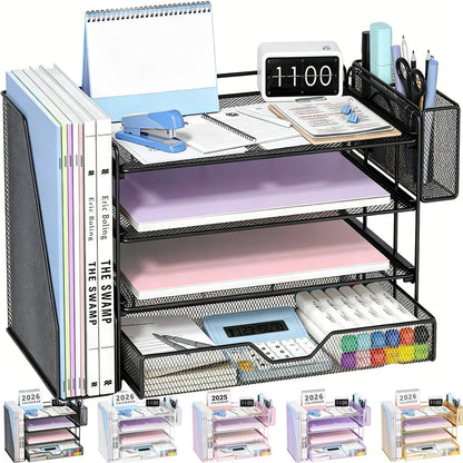 Desk Organizers and Accessories, 4-Tier Desktop File Organizer with Drawer and Pen Holders, Office Desk Accessories Workspace Organizers for Office Supplies (Gold)