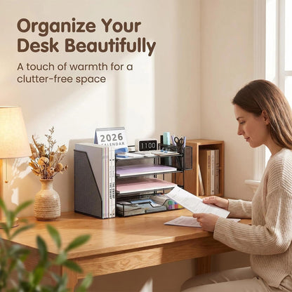 Desk Organizers and Accessories, 4-Tier Desktop File Organizer with Drawer and Pen Holders, Office Desk Accessories Workspace Organizers for Office Supplies (Gold)