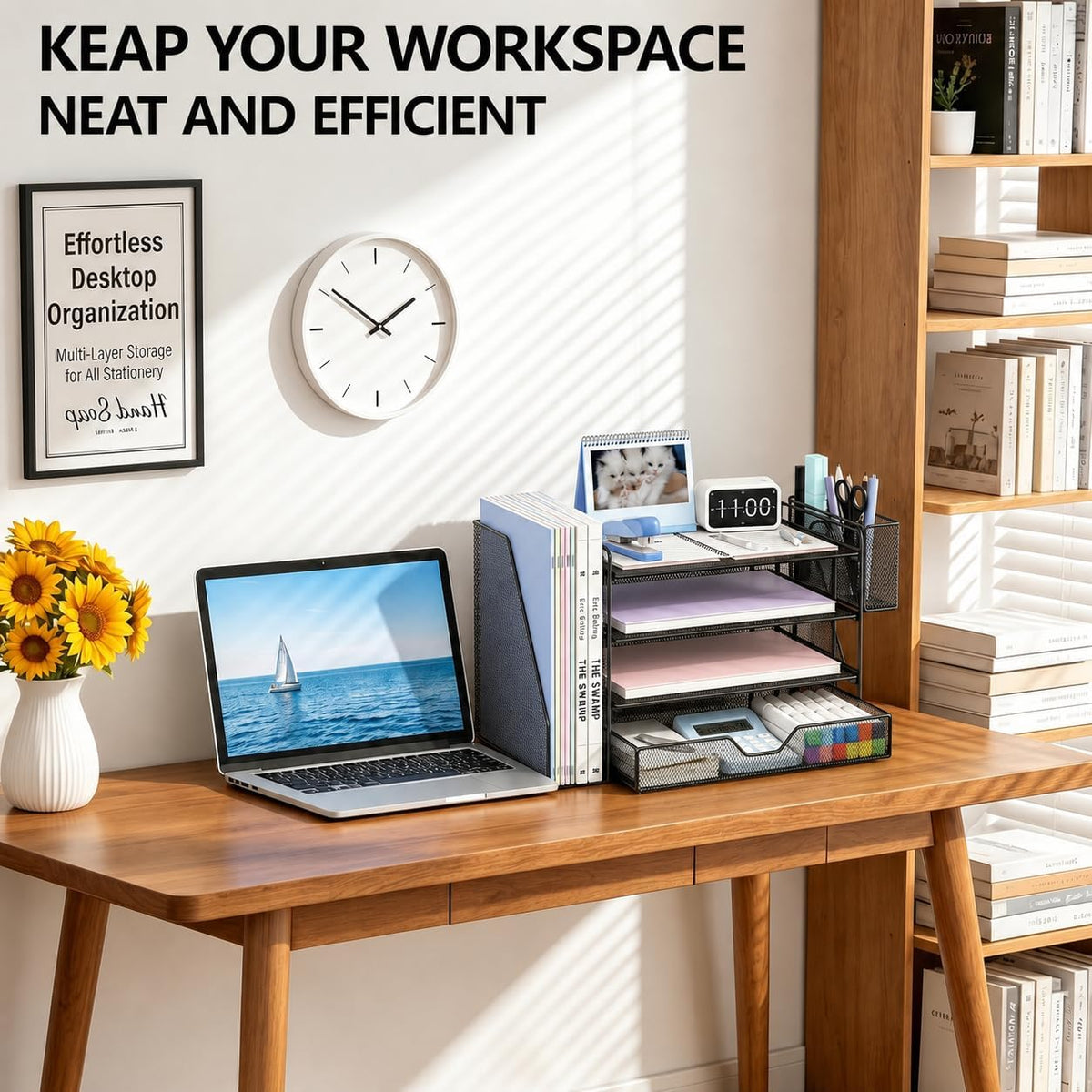 Desk Organizers and Accessories, 4-Tier Desktop File Organizer with Drawer and Pen Holders, Office Desk Accessories Workspace Organizers for Office Supplies (Gold)