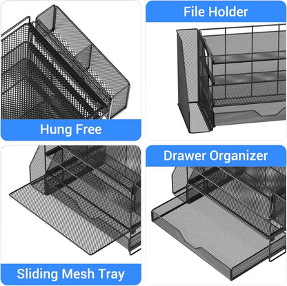 Desk Organizers and Accessories, 4-Tier Desktop File Organizer with Drawer and Pen Holders, Office Desk Accessories Workspace Organizers for Office Supplies (Gold)