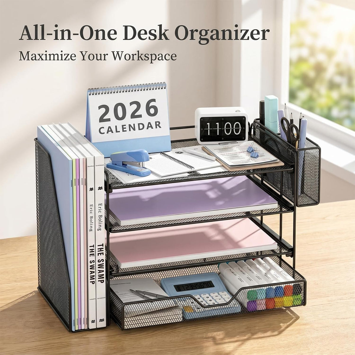 Desk Organizers and Accessories, 4-Tier Desktop File Organizer with Drawer and Pen Holders, Office Desk Accessories Workspace Organizers for Office Supplies (Gold)
