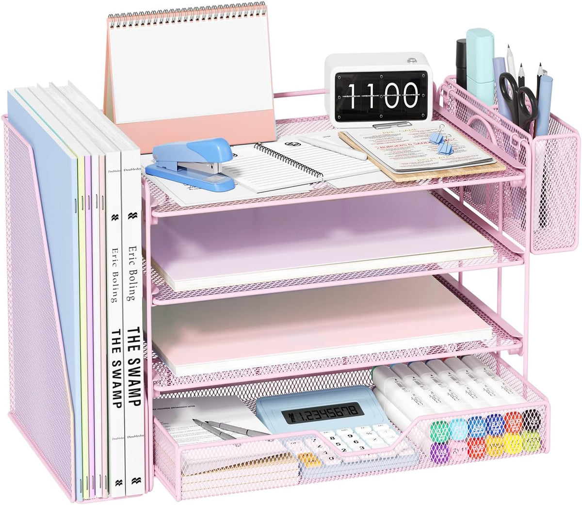 Desk Organizers and Accessories, 4-Tier Desktop File Organizer with Drawer and Pen Holders, Office Desk Accessories Workspace Organizers for Office Supplies (Gold)