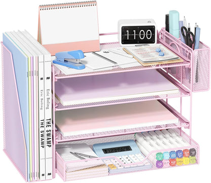 Desk Organizers and Accessories, 4-Tier Desktop File Organizer with Drawer and Pen Holders, Office Desk Accessories Workspace Organizers for Office Supplies (Gold)