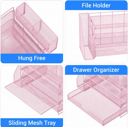 Desk Organizers and Accessories, 4-Tier Desktop File Organizer with Drawer and Pen Holders, Office Desk Accessories Workspace Organizers for Office Supplies (Gold)