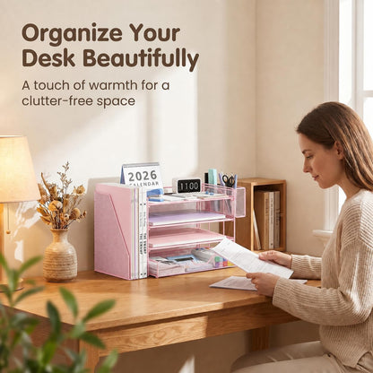 Desk Organizers and Accessories, 4-Tier Desktop File Organizer with Drawer and Pen Holders, Office Desk Accessories Workspace Organizers for Office Supplies (Gold)