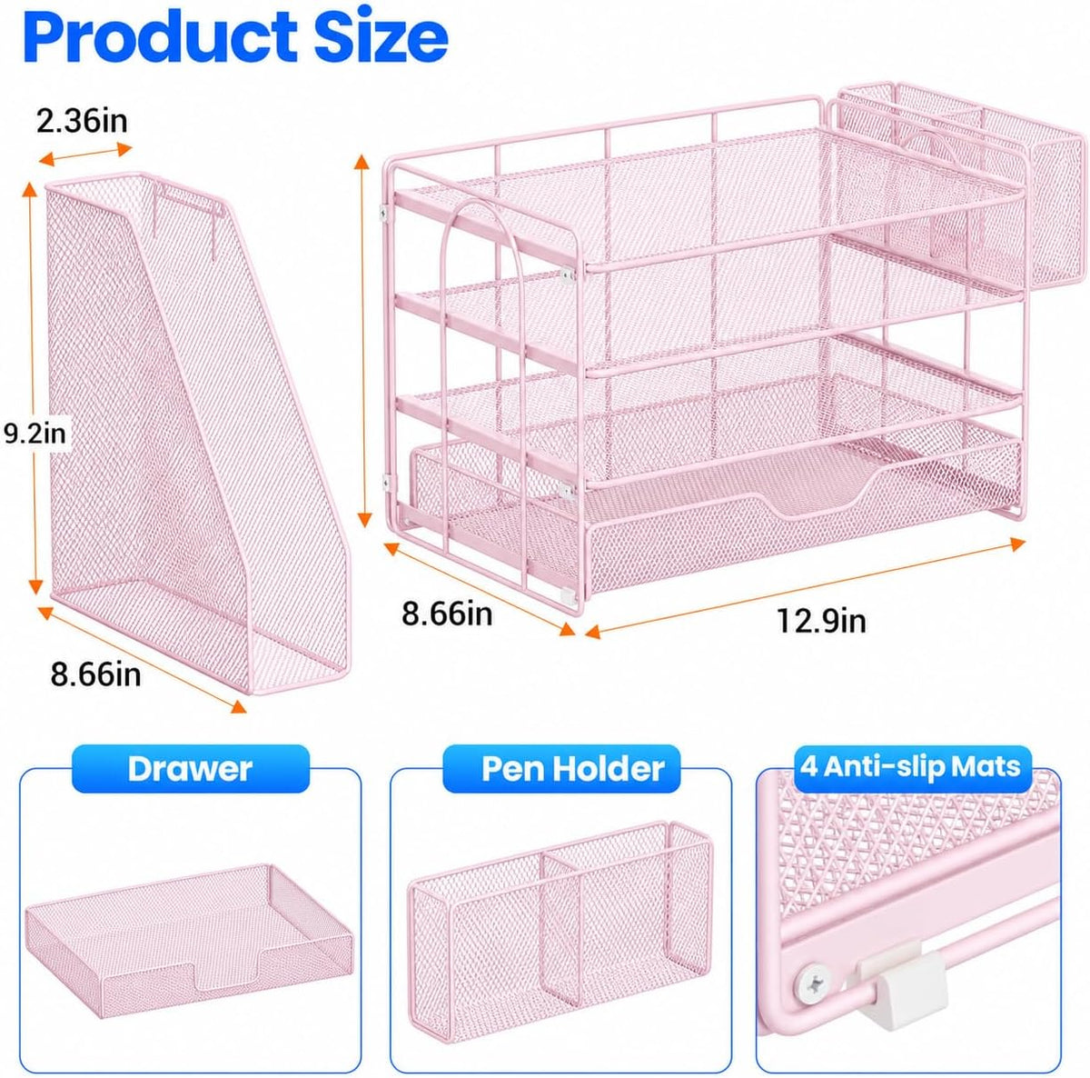 Desk Organizers and Accessories, 4-Tier Desktop File Organizer with Drawer and Pen Holders, Office Desk Accessories Workspace Organizers for Office Supplies (Gold)