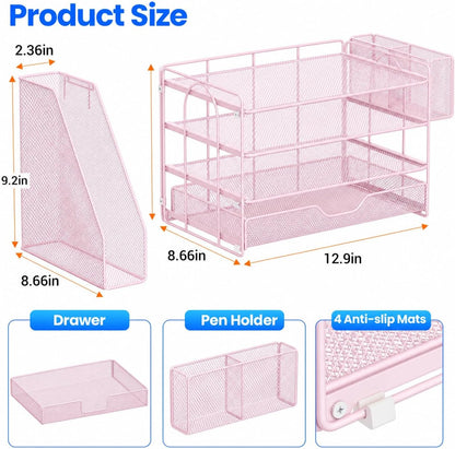Desk Organizers and Accessories, 4-Tier Desktop File Organizer with Drawer and Pen Holders, Office Desk Accessories Workspace Organizers for Office Supplies (Gold)