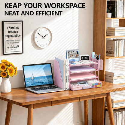 Desk Organizers and Accessories, 4-Tier Desktop File Organizer with Drawer and Pen Holders, Office Desk Accessories Workspace Organizers for Office Supplies (Gold)