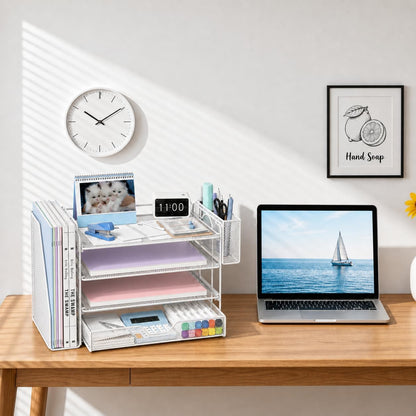 Desk Organizers and Accessories, 4-Tier Desktop File Organizer with Drawer and Pen Holders, Office Desk Accessories Workspace Organizers for Office Supplies (Gold)