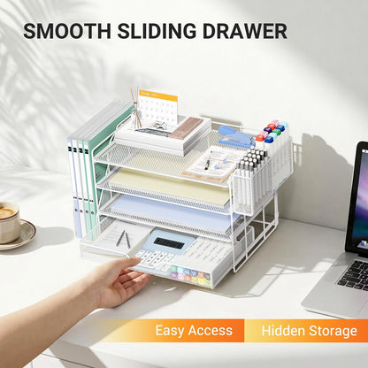 Desk Organizers and Accessories, 4-Tier Desktop File Organizer with Drawer and Pen Holders, Office Desk Accessories Workspace Organizers for Office Supplies (Gold)