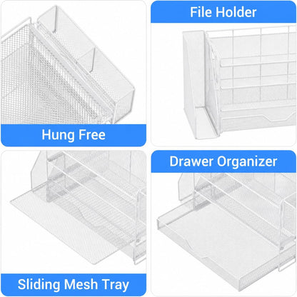 Desk Organizers and Accessories, 4-Tier Desktop File Organizer with Drawer and Pen Holders, Office Desk Accessories Workspace Organizers for Office Supplies (Gold)