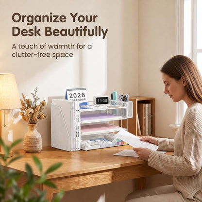 Desk Organizers and Accessories, 4-Tier Desktop File Organizer with Drawer and Pen Holders, Office Desk Accessories Workspace Organizers for Office Supplies (Gold)