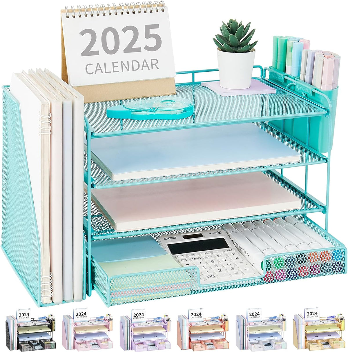 Desk Organizers and Accessories, 4-Tier Desktop File Organizer with Drawer and Pen Holders, Office Desk Accessories Workspace Organizers for Office Supplies (Gold)