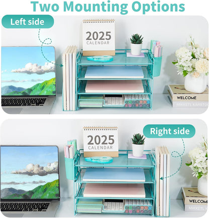 Desk Organizers and Accessories, 4-Tier Desktop File Organizer with Drawer and Pen Holders, Office Desk Accessories Workspace Organizers for Office Supplies (Gold)
