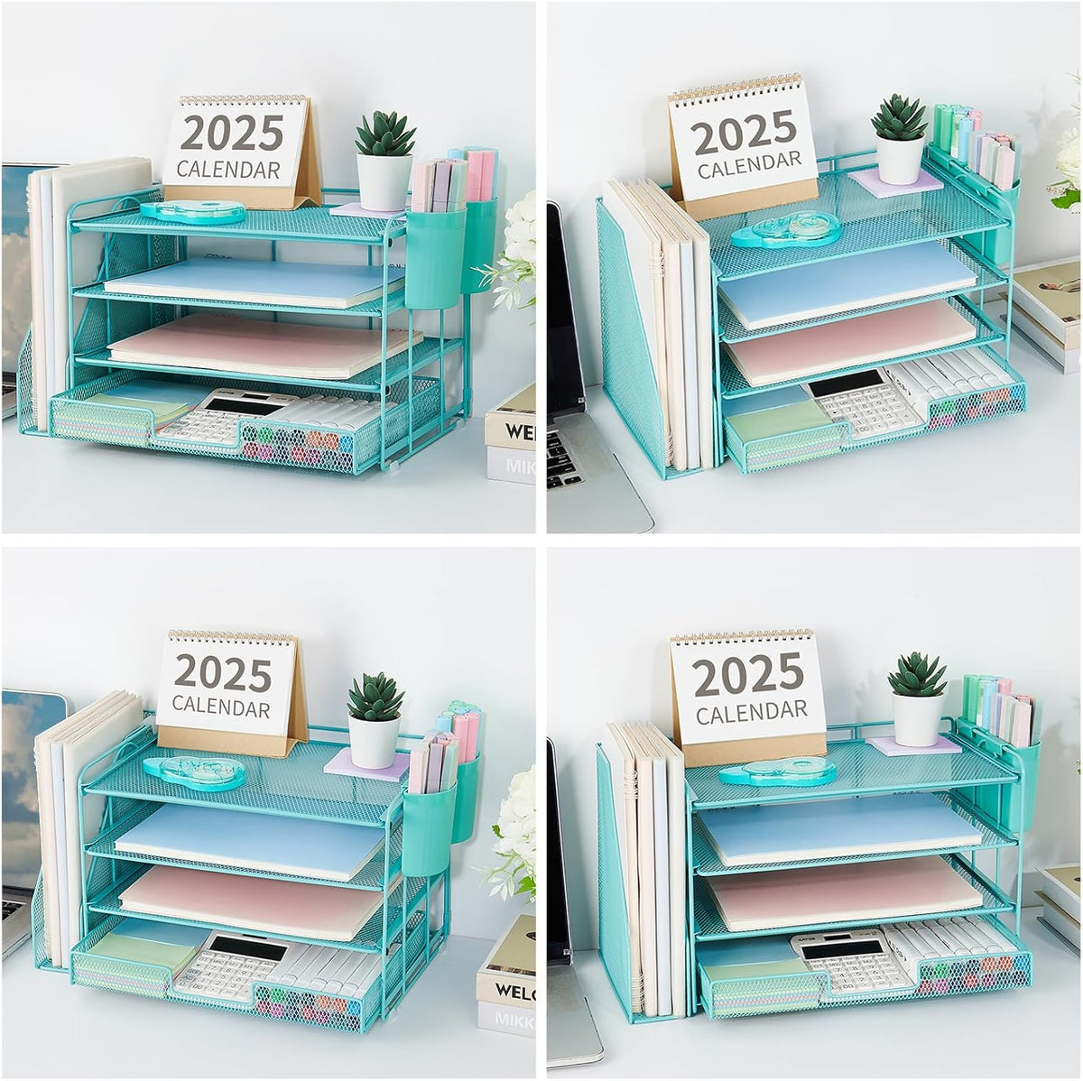 Desk Organizers and Accessories, 4-Tier Desktop File Organizer with Drawer and Pen Holders, Office Desk Accessories Workspace Organizers for Office Supplies (Gold)