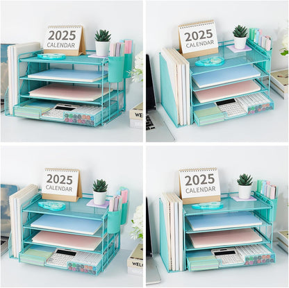 Desk Organizers and Accessories, 4-Tier Desktop File Organizer with Drawer and Pen Holders, Office Desk Accessories Workspace Organizers for Office Supplies (Gold)