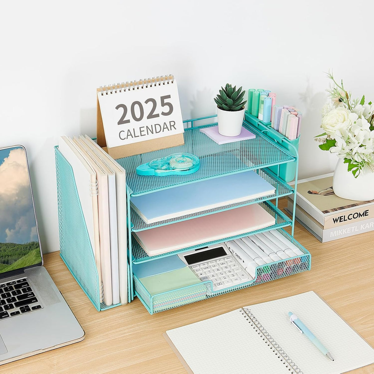 Desk Organizers and Accessories, 4-Tier Desktop File Organizer with Drawer and Pen Holders, Office Desk Accessories Workspace Organizers for Office Supplies (Gold)