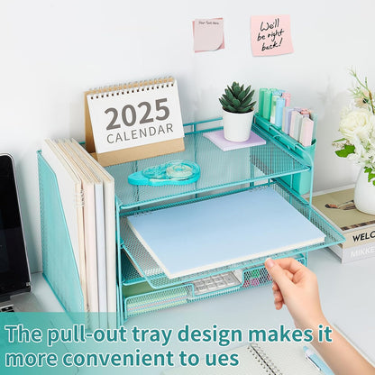 Desk Organizers and Accessories, 4-Tier Desktop File Organizer with Drawer and Pen Holders, Office Desk Accessories Workspace Organizers for Office Supplies (Gold)