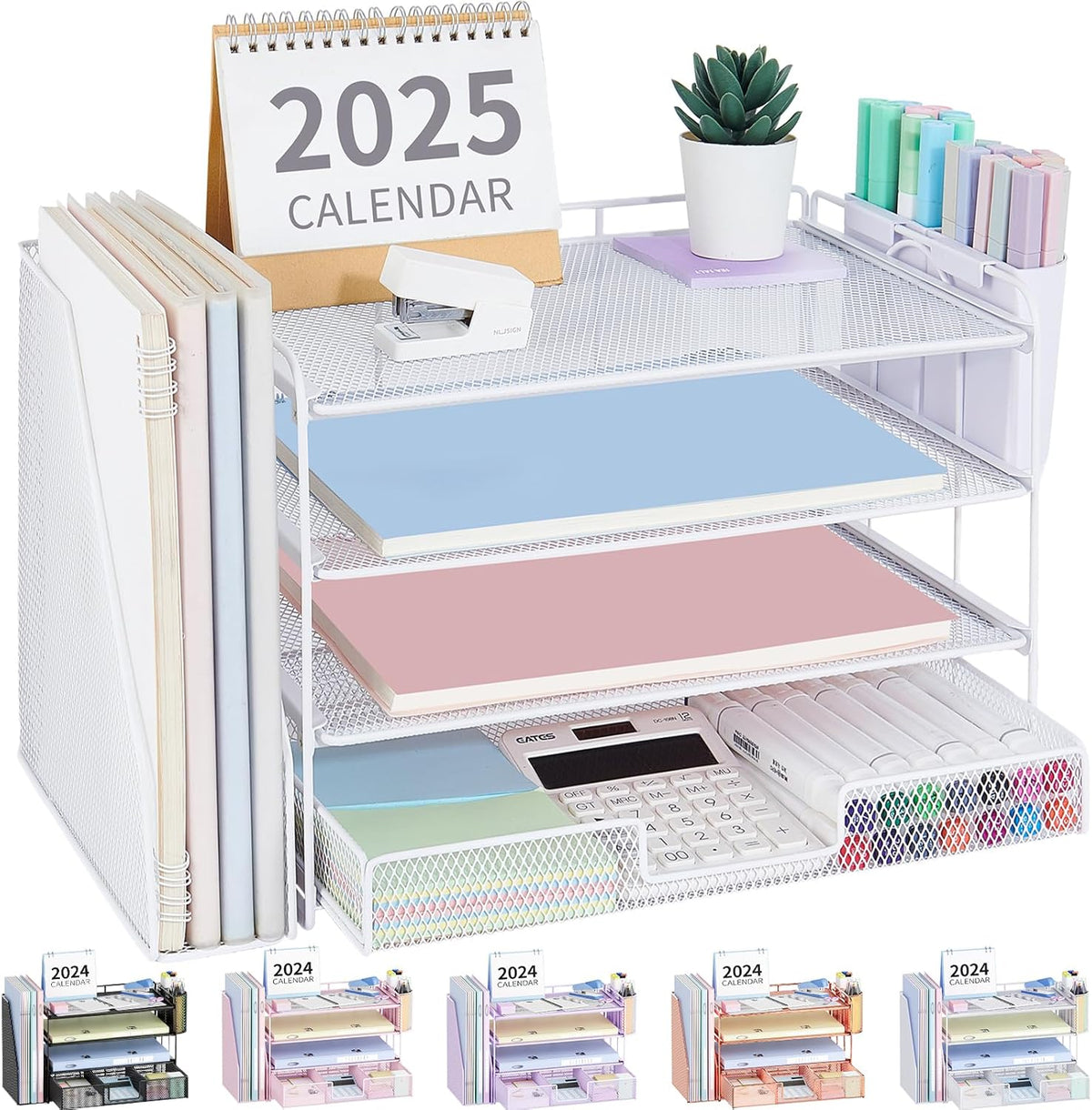Desk Organizers and Accessories, 4-Tier Desktop File Organizer with Drawer and Pen Holders, Office Desk Accessories Workspace Organizers for Office Supplies (Gold)