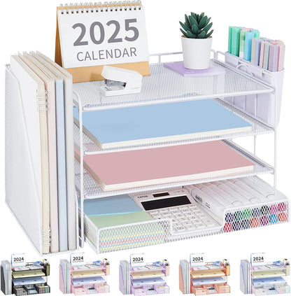 Desk Organizers and Accessories, 4-Tier Desktop File Organizer with Drawer and Pen Holders, Office Desk Accessories Workspace Organizers for Office Supplies (Gold)