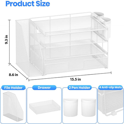 Desk Organizers and Accessories, 4-Tier Desktop File Organizer with Drawer and Pen Holders, Office Desk Accessories Workspace Organizers for Office Supplies (Gold)