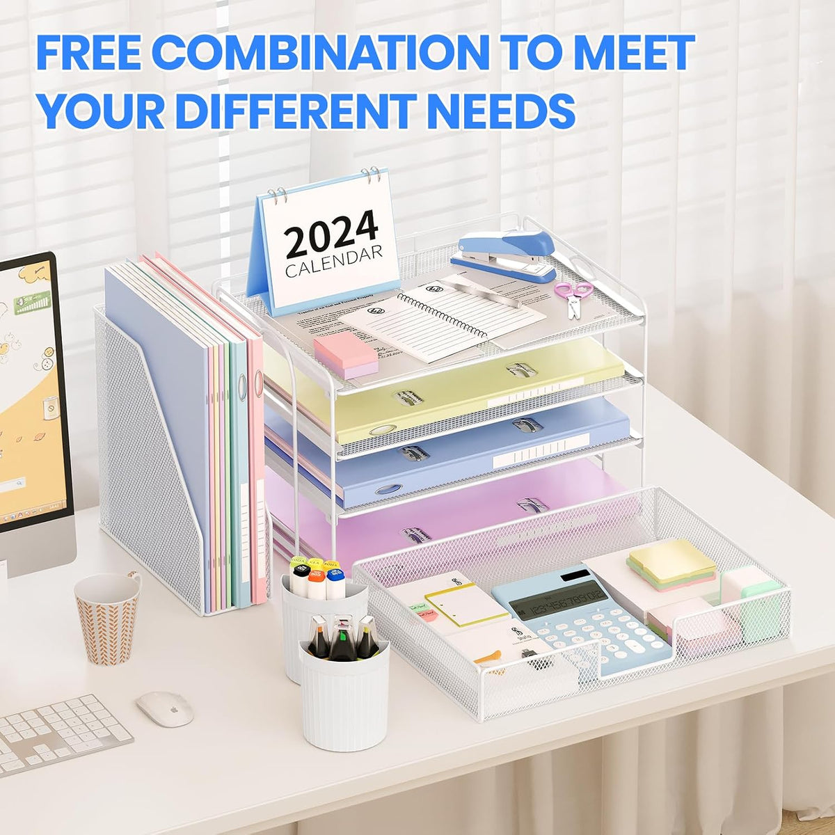 Desk Organizers and Accessories, 4-Tier Desktop File Organizer with Drawer and Pen Holders, Office Desk Accessories Workspace Organizers for Office Supplies (Gold)