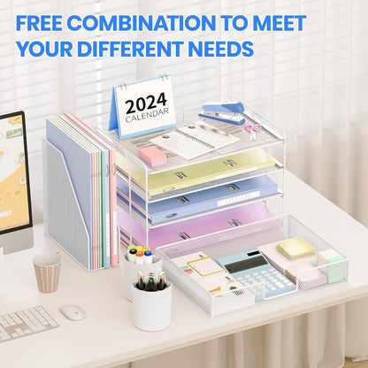Desk Organizers and Accessories, 4-Tier Desktop File Organizer with Drawer and Pen Holders, Office Desk Accessories Workspace Organizers for Office Supplies (Gold)