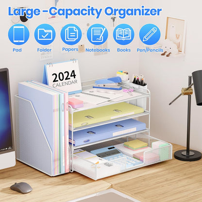 Desk Organizers and Accessories, 4-Tier Desktop File Organizer with Drawer and Pen Holders, Office Desk Accessories Workspace Organizers for Office Supplies (Gold)