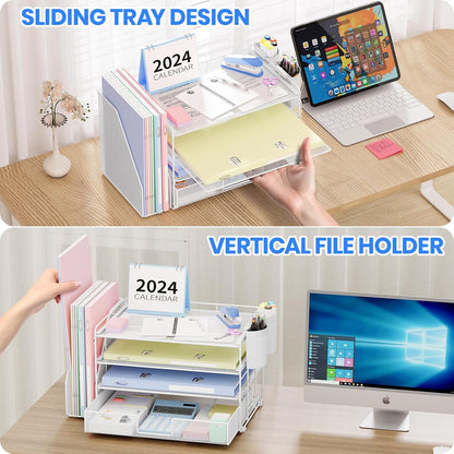 Desk Organizers and Accessories, 4-Tier Desktop File Organizer with Drawer and Pen Holders, Office Desk Accessories Workspace Organizers for Office Supplies (Gold)